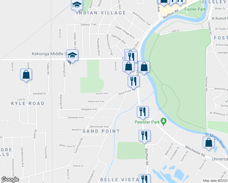 map of restaurants, bars, coffee shops, grocery stores, and more near 2332 Sand Point Road in Fort Wayne