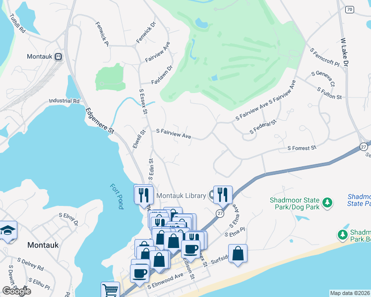 map of restaurants, bars, coffee shops, grocery stores, and more near 169 South Fairview Avenue in Montauk