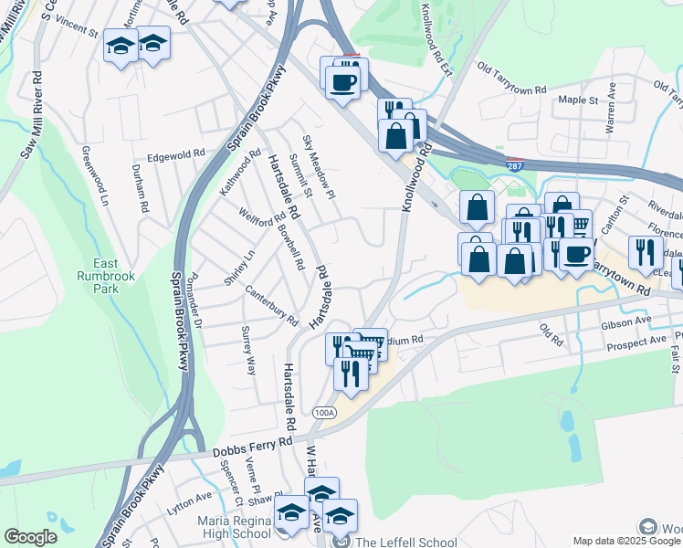map of restaurants, bars, coffee shops, grocery stores, and more near 5 Old Knollwood Road in White Plains