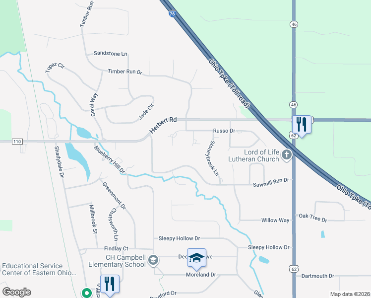 map of restaurants, bars, coffee shops, grocery stores, and more near 325 Russo Drive in Canfield