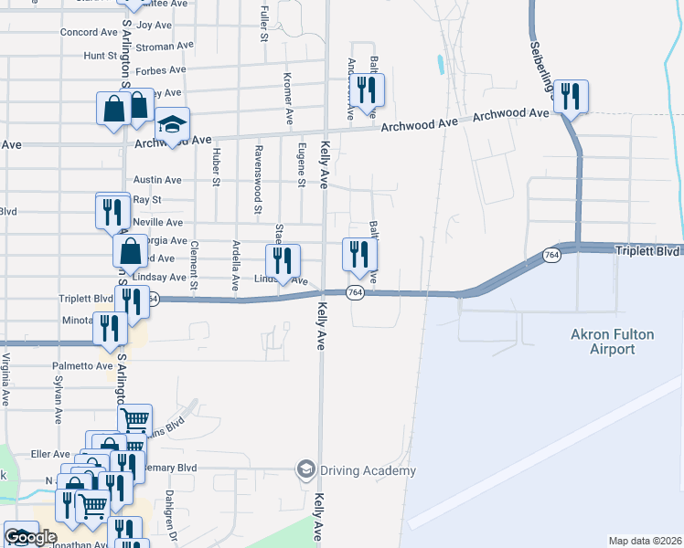 map of restaurants, bars, coffee shops, grocery stores, and more near in Akron