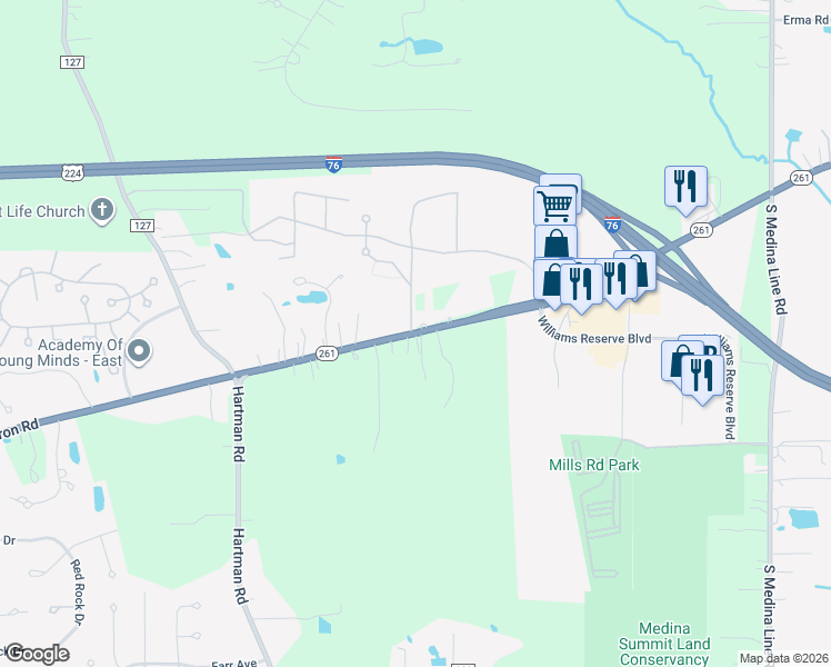map of restaurants, bars, coffee shops, grocery stores, and more near 310 Akron Road in Wadsworth