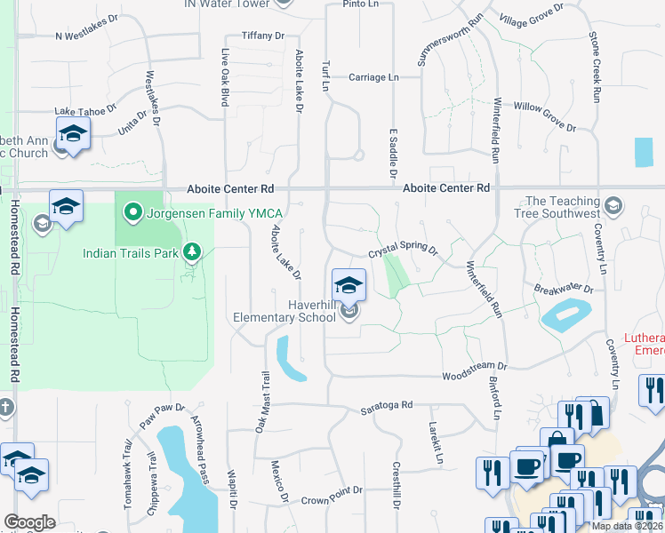map of restaurants, bars, coffee shops, grocery stores, and more near 9636 Crystal Spring Drive in Fort Wayne