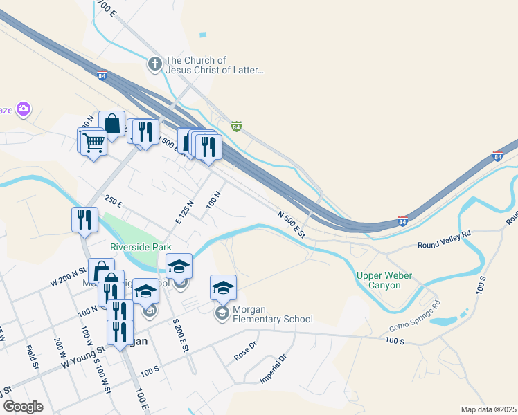 map of restaurants, bars, coffee shops, grocery stores, and more near 29 North 500 East Street in Morgan