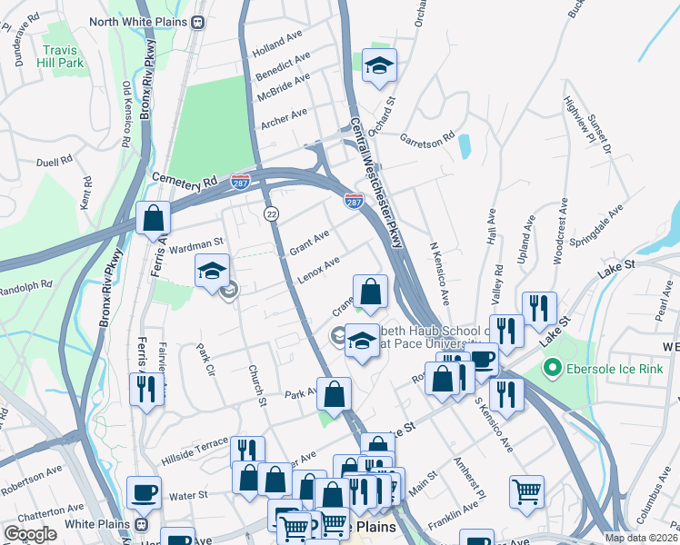 map of restaurants, bars, coffee shops, grocery stores, and more near 32 Lenox Avenue in White Plains