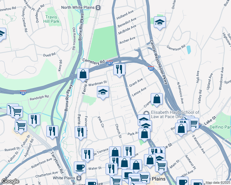 map of restaurants, bars, coffee shops, grocery stores, and more near 121-131 North Broadway in White Plains