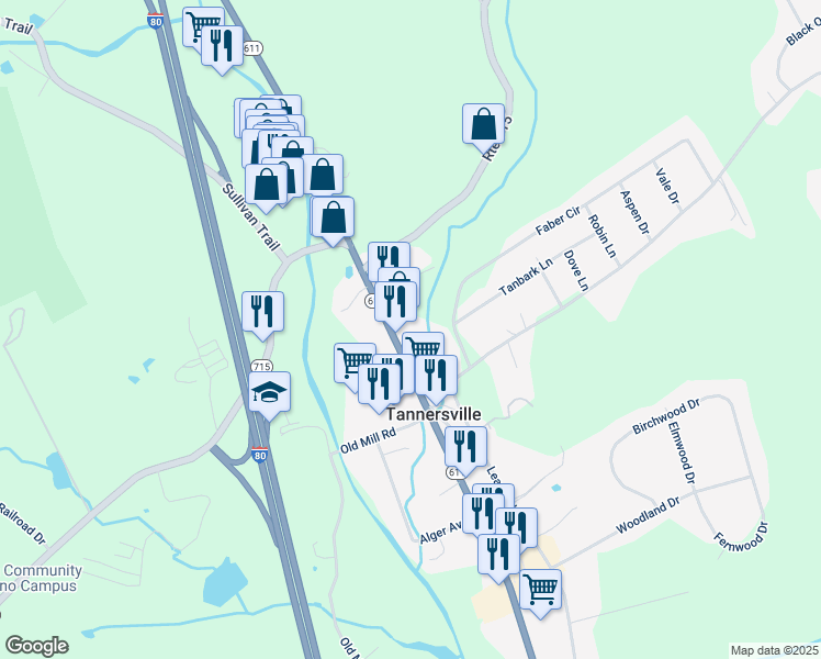 map of restaurants, bars, coffee shops, grocery stores, and more near 45 Faber Circle in Tannersville