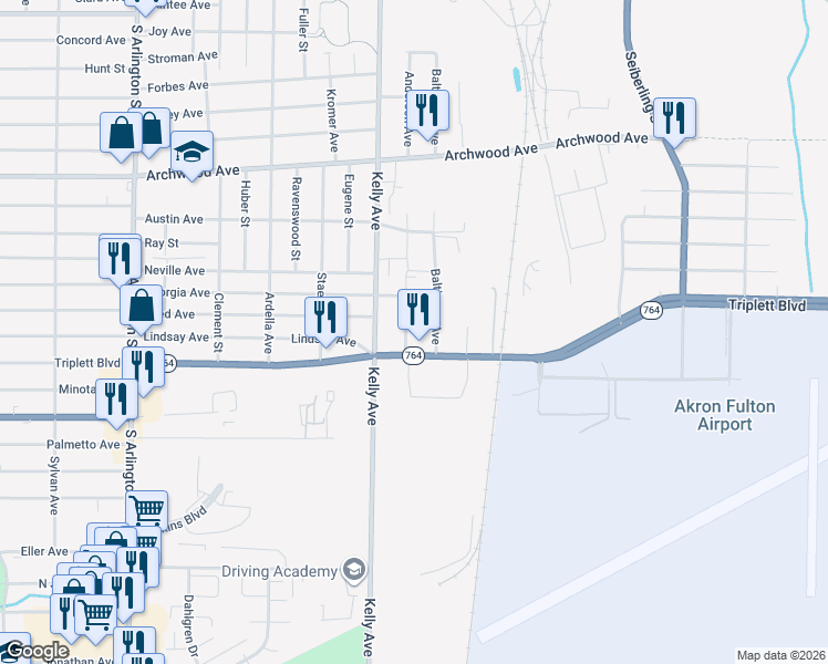 map of restaurants, bars, coffee shops, grocery stores, and more near 760 Baltimore Avenue in Akron
