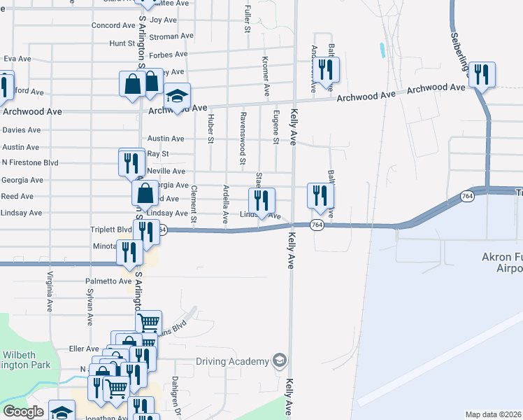 map of restaurants, bars, coffee shops, grocery stores, and more near 1175 Reed Avenue in Akron