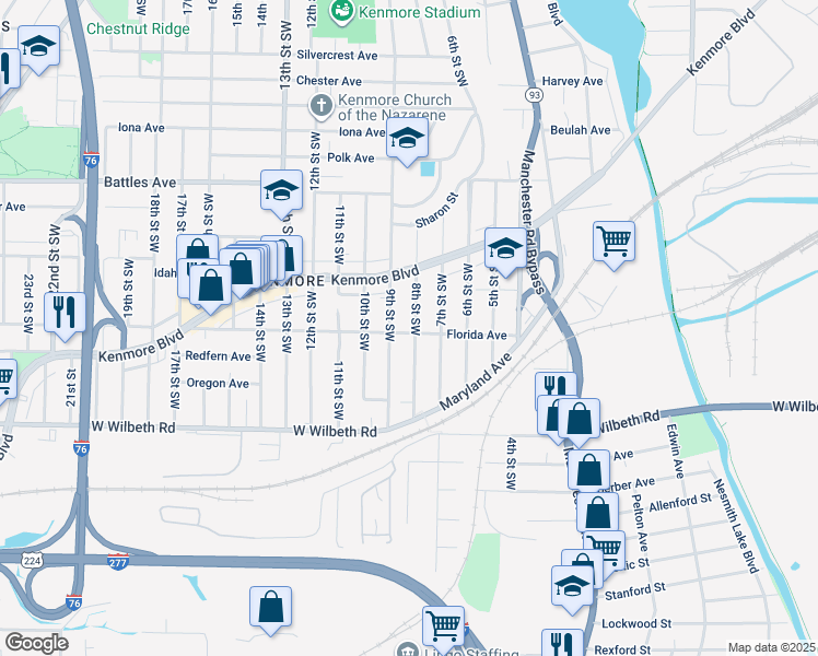 map of restaurants, bars, coffee shops, grocery stores, and more near 2219 8th Street Southwest in Akron