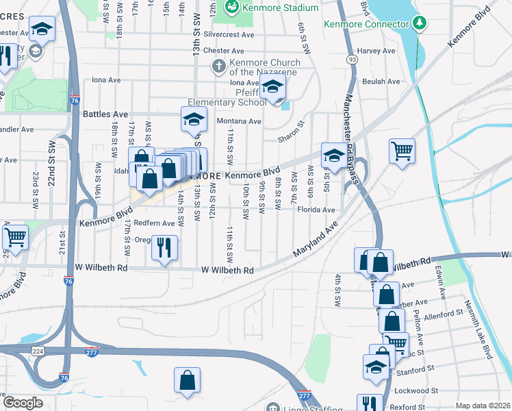 map of restaurants, bars, coffee shops, grocery stores, and more near 2222 9th Street Southwest in Akron