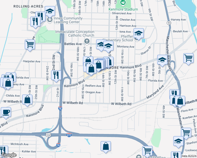 map of restaurants, bars, coffee shops, grocery stores, and more near in Akron