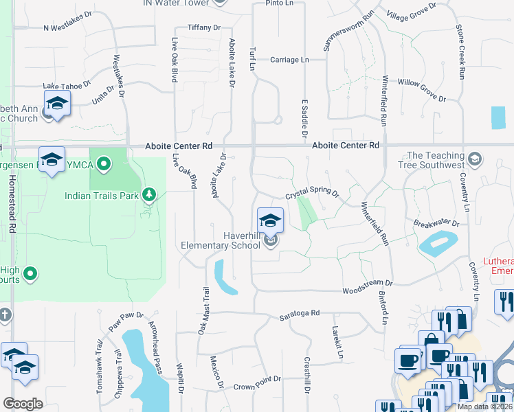 map of restaurants, bars, coffee shops, grocery stores, and more near 9636 Crystal Spring Drive in Fort Wayne