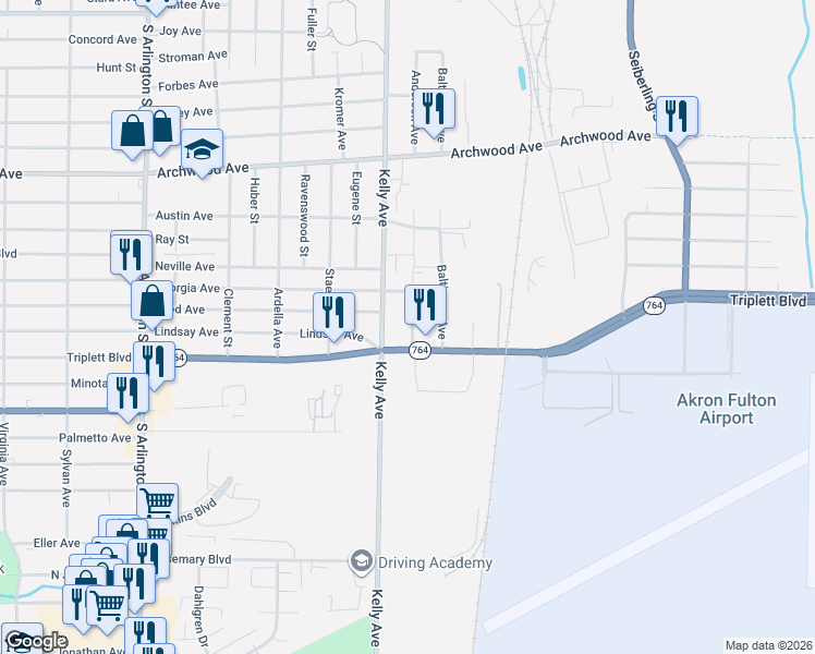 map of restaurants, bars, coffee shops, grocery stores, and more near 780 Anderson Avenue in Akron