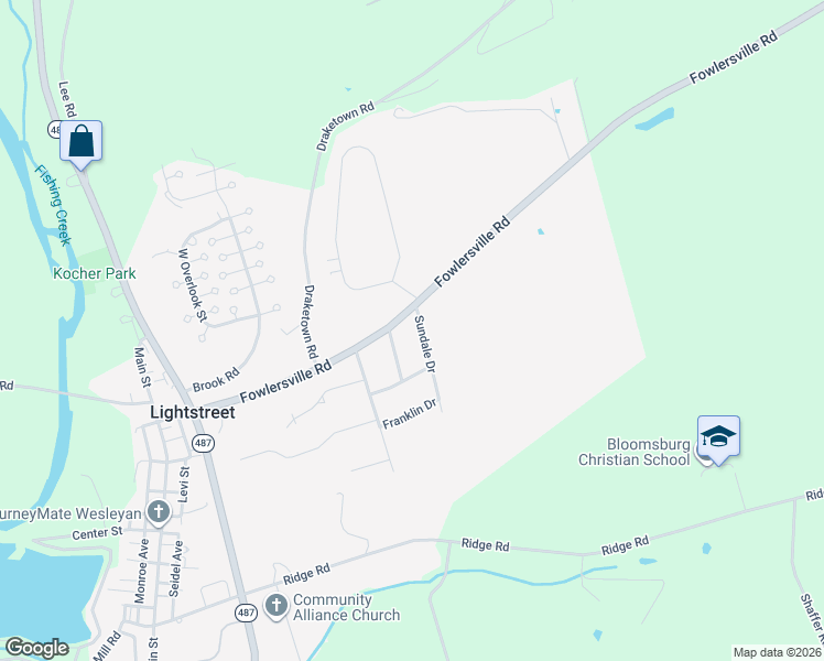 map of restaurants, bars, coffee shops, grocery stores, and more near 91 Lightstreet Fowlersville Rd in Bloomsburg