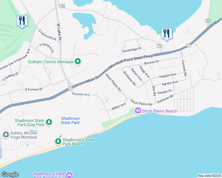 map of restaurants, bars, coffee shops, grocery stores, and more near 24 Ditch Plains Road in Montauk