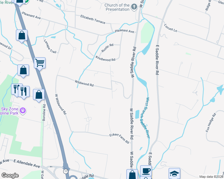 map of restaurants, bars, coffee shops, grocery stores, and more near 16 Old Acres Road in Saddle River