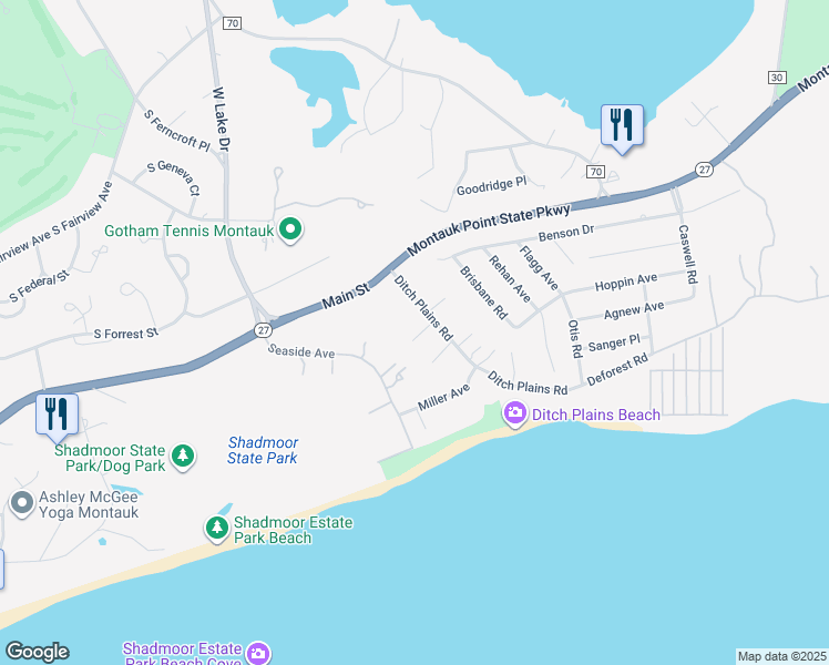 map of restaurants, bars, coffee shops, grocery stores, and more near 24 Ditch Plains Road in Montauk