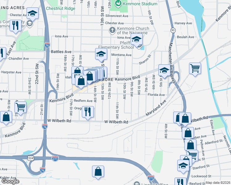 map of restaurants, bars, coffee shops, grocery stores, and more near 2219 11th Street Southwest in Akron