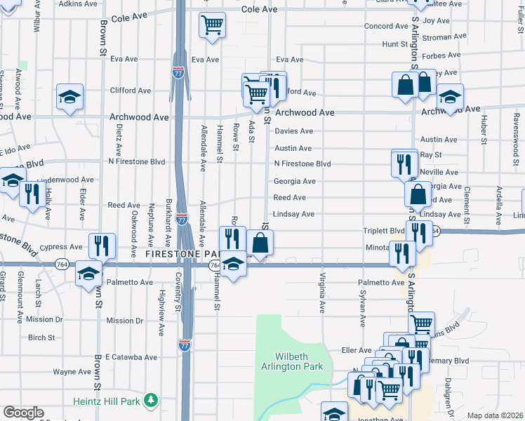 map of restaurants, bars, coffee shops, grocery stores, and more near 1320 Inman Street in Akron
