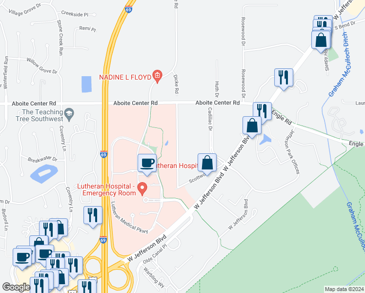 map of restaurants, bars, coffee shops, grocery stores, and more near 4415 Dicke Road in Fort Wayne