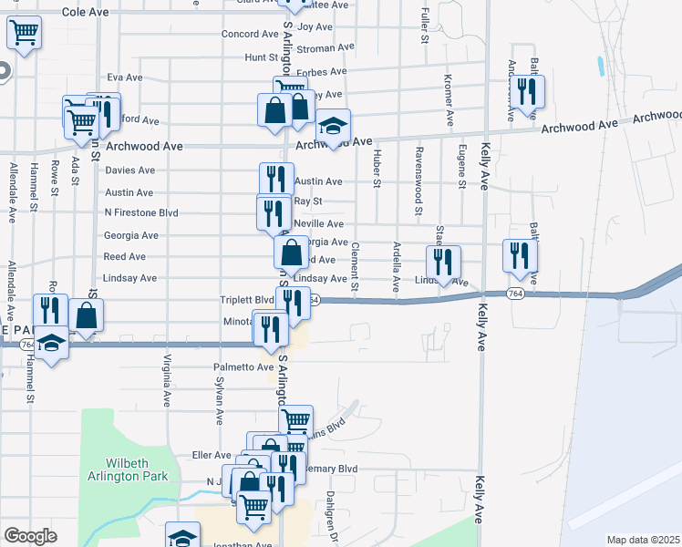 map of restaurants, bars, coffee shops, grocery stores, and more near 1063 Lindsay Avenue in Akron