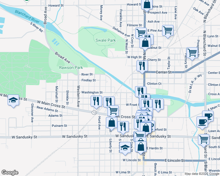 map of restaurants, bars, coffee shops, grocery stores, and more near 118 Liberty Street in Findlay