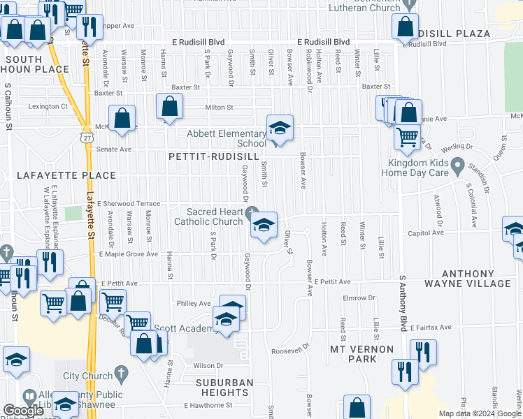 map of restaurants, bars, coffee shops, grocery stores, and more near 4610 Smith Street in Fort Wayne