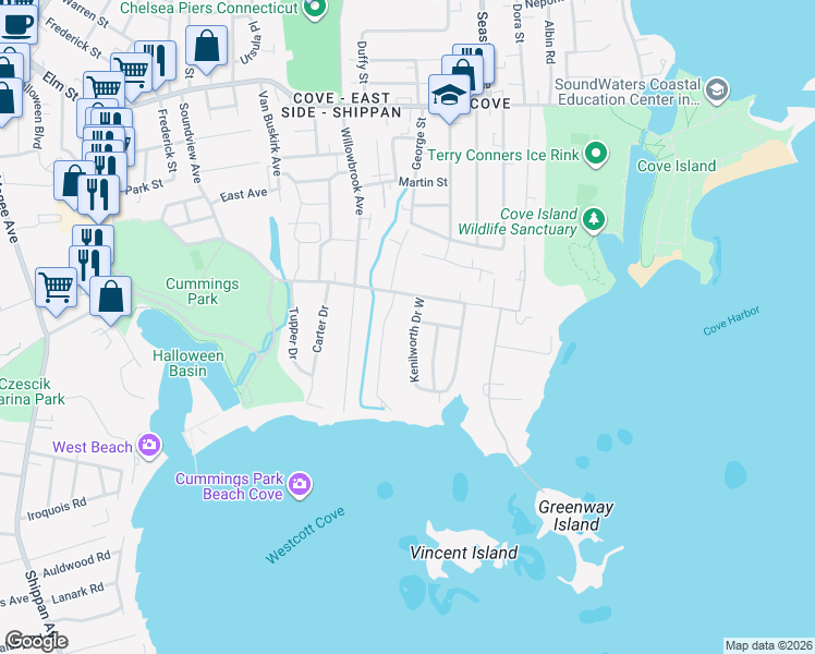 map of restaurants, bars, coffee shops, grocery stores, and more near 27 Kenilworth Drive West in Stamford