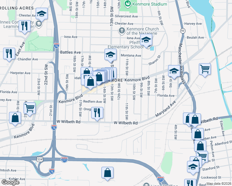 map of restaurants, bars, coffee shops, grocery stores, and more near 2222 12th Street Southwest in Akron