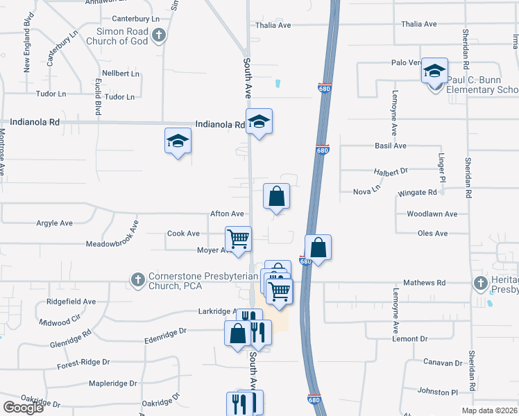 map of restaurants, bars, coffee shops, grocery stores, and more near 5421 South Avenue in Youngstown