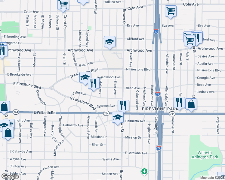map of restaurants, bars, coffee shops, grocery stores, and more near 1426 Elder Avenue in Akron