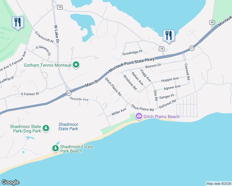 map of restaurants, bars, coffee shops, grocery stores, and more near 30 Ditch Plains Road in Montauk