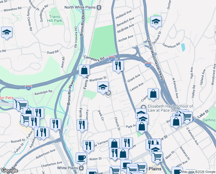 map of restaurants, bars, coffee shops, grocery stores, and more near 4 Albro Lane in White Plains