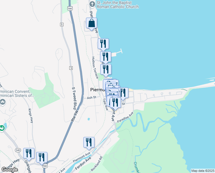 map of restaurants, bars, coffee shops, grocery stores, and more near Piermont Avenue in Piermont