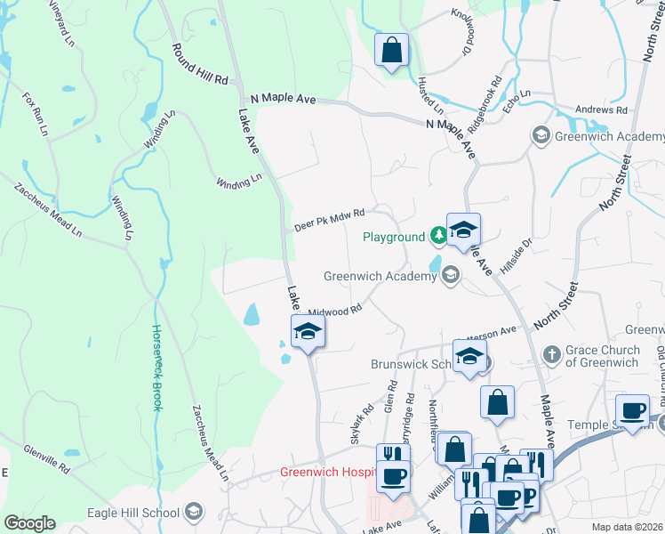 map of restaurants, bars, coffee shops, grocery stores, and more near 16 Woodside Road in Greenwich