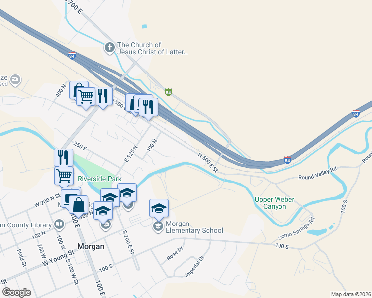 map of restaurants, bars, coffee shops, grocery stores, and more near 29 North 500 East Street in Morgan