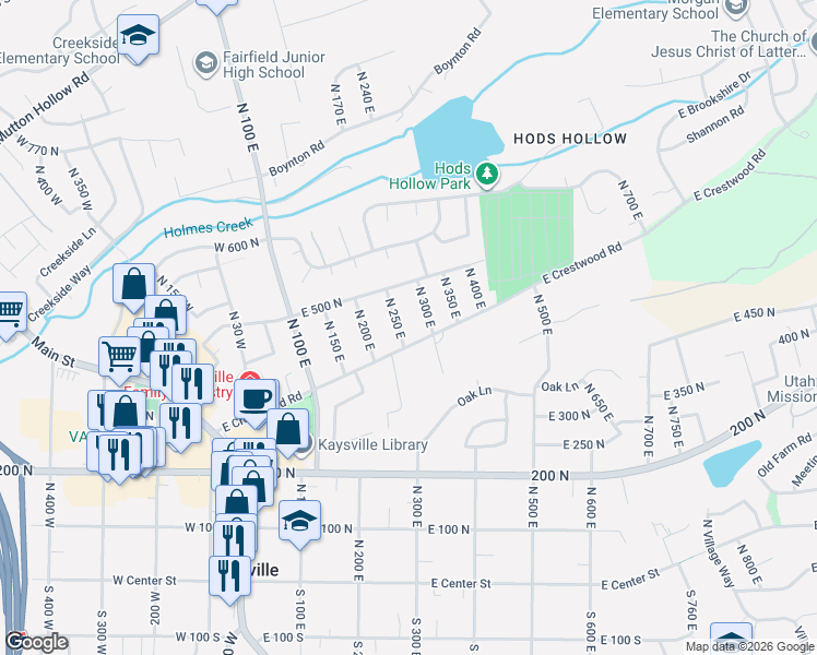 map of restaurants, bars, coffee shops, grocery stores, and more near 459 North 300 East in Kaysville