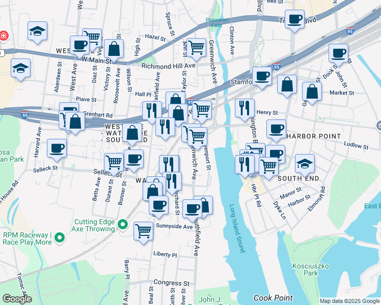 map of restaurants, bars, coffee shops, grocery stores, and more near 248 Greenwich Avenue in Stamford