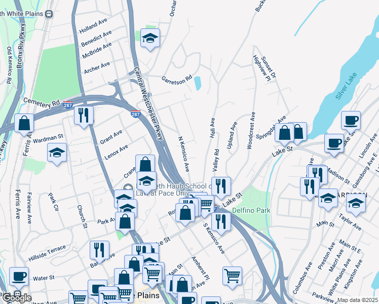 map of restaurants, bars, coffee shops, grocery stores, and more near 144 North Kensico Avenue in White Plains