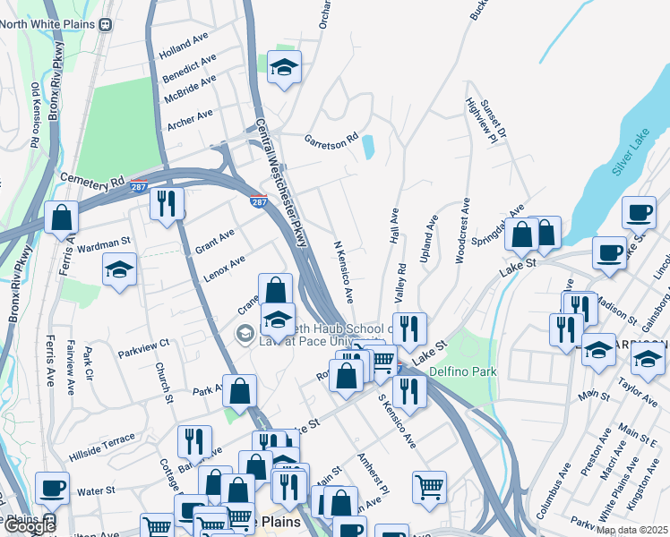 map of restaurants, bars, coffee shops, grocery stores, and more near 144 North Kensico Avenue in White Plains