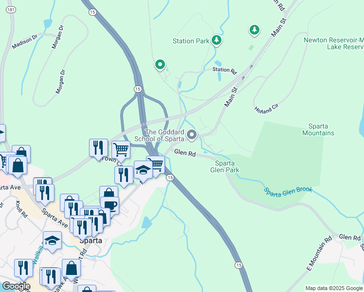 map of restaurants, bars, coffee shops, grocery stores, and more near 108 Main Street in Sparta