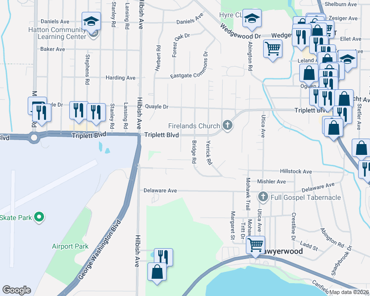 map of restaurants, bars, coffee shops, grocery stores, and more near 2146 Triplett Boulevard in Akron