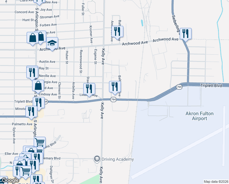map of restaurants, bars, coffee shops, grocery stores, and more near 760 Baltimore Avenue in Akron