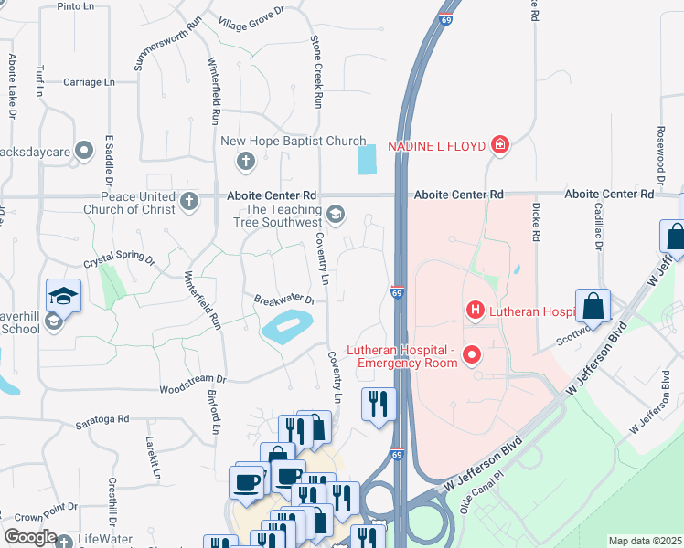 map of restaurants, bars, coffee shops, grocery stores, and more near 4499 Coventry Parkway in Fort Wayne