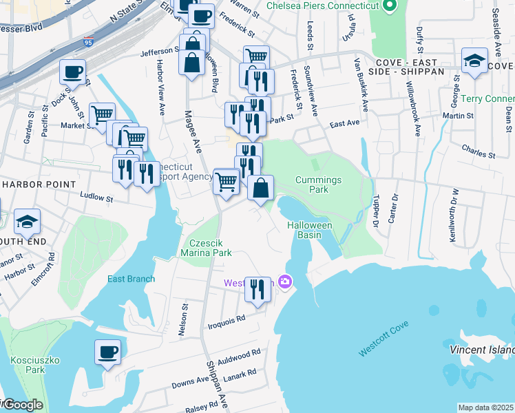 map of restaurants, bars, coffee shops, grocery stores, and more near 3 Seaview Avenue in Stamford