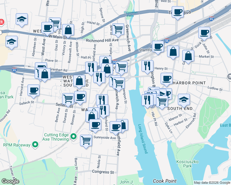 map of restaurants, bars, coffee shops, grocery stores, and more near 248 Greenwich Avenue in Stamford