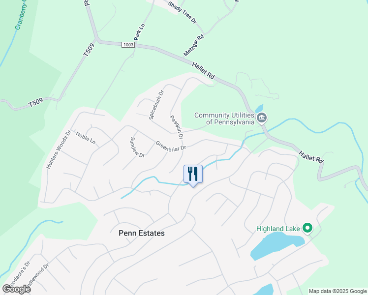 map of restaurants, bars, coffee shops, grocery stores, and more near 40 Greenbriar Drive in East Stroudsburg