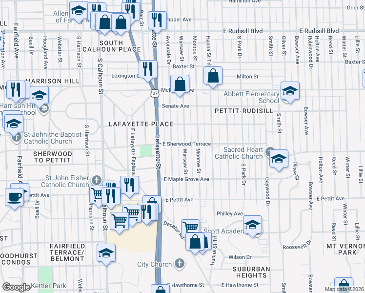 map of restaurants, bars, coffee shops, grocery stores, and more near 4535 Warsaw Street in Fort Wayne