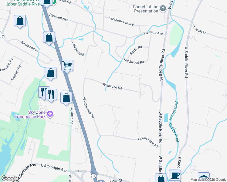 map of restaurants, bars, coffee shops, grocery stores, and more near 14 Wildwood Road in Saddle River